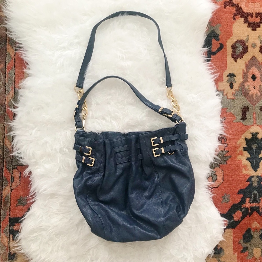 Michael Kors Buckle Bucket Shoulder Bag Navy
